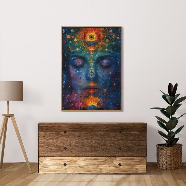 Colourful Spiritual Opened Third Eye Female Art Poster (Colorful Spiritual Opened Third Eye Female Art Poster in a neutral boho living room.)