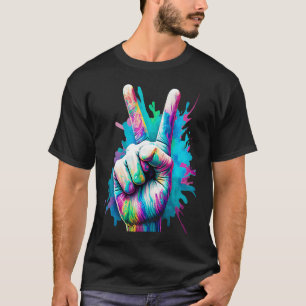 Colourful Splash Paint Peace Hand Sign Hippie & Pe T-Shirt