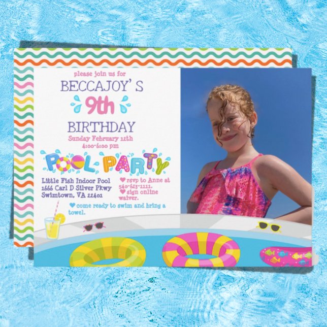 Colourful Splash Pool Birthday Party Photo Invitation (Creator Uploaded)