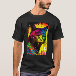 Colourful Splatter Paint Cat  80s Graphic Style T-Shirt