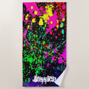 Colourful splatter paint custom name beach towel