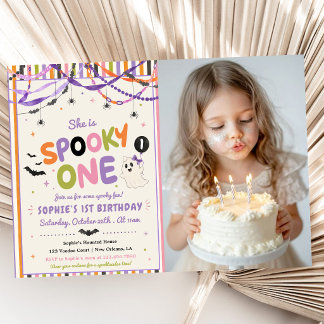 Colourful Spooky One Ghost 1st Birthday Photo Invitation