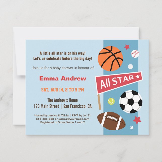 Colourful Sports Themed Baby Shower Invitations (Front)