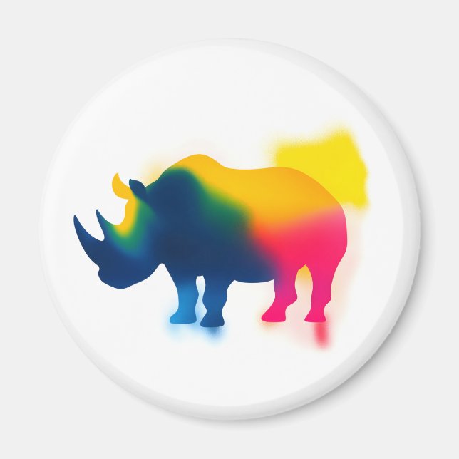 Colourful Spray Paint Rhinoceros Silhouette Round Magnet (Front)