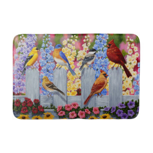 Colourful Spring Birds Garden Party Bath Mat