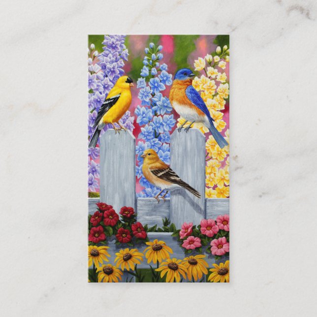 Colourful Spring Birds Garden Party Business Card (Front)