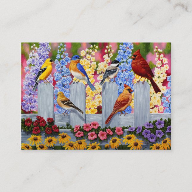 Colourful Spring Birds Garden Party Business Card (Front)