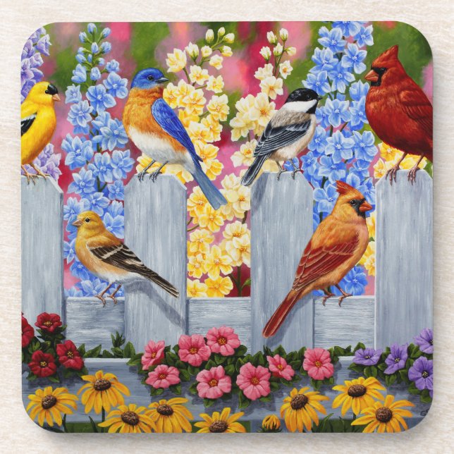 Colourful Spring Birds Garden Party Coaster (Front)