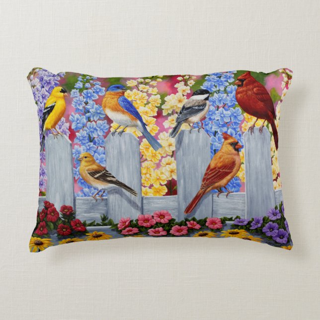 Colourful Spring Birds Garden Party Decorative Cushion (Front)