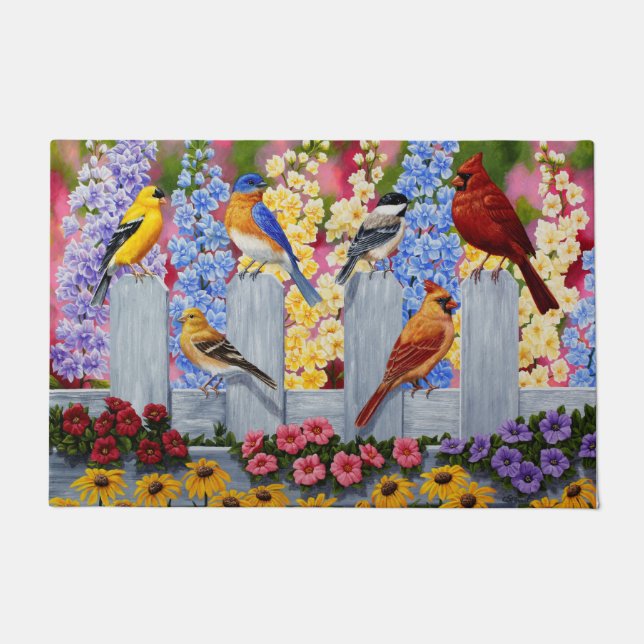 Colourful Spring Birds Garden Party Doormat (Front)