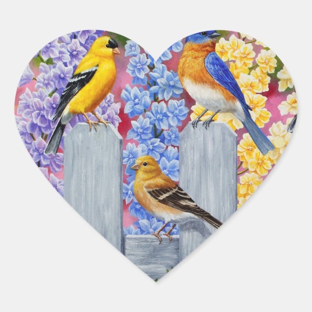 Colourful Spring Birds Garden Party Heart Sticker (Front)