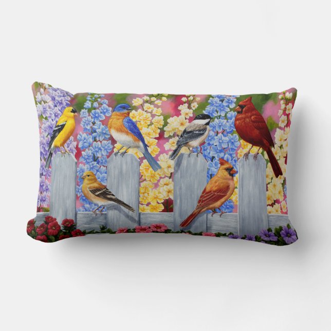 Colourful Spring Birds Garden Party Lumbar Cushion (Front)