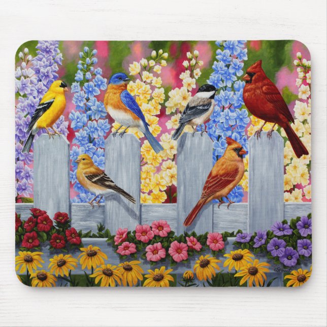 Colourful Spring Birds Garden Party Mouse Pad (Front)