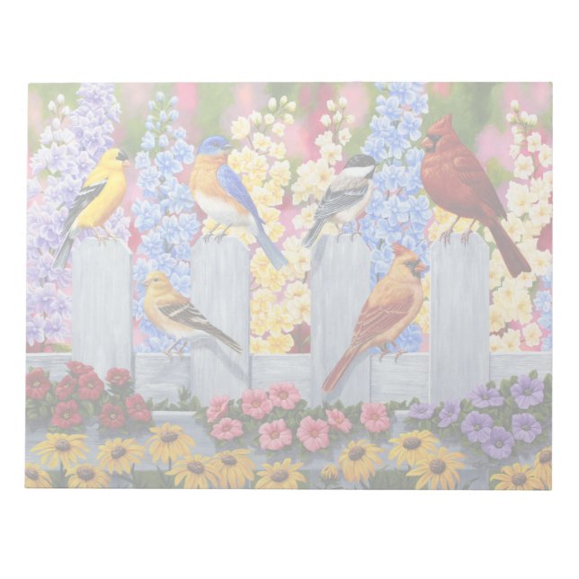 Colourful Spring Birds Garden Party Notepad (Front)