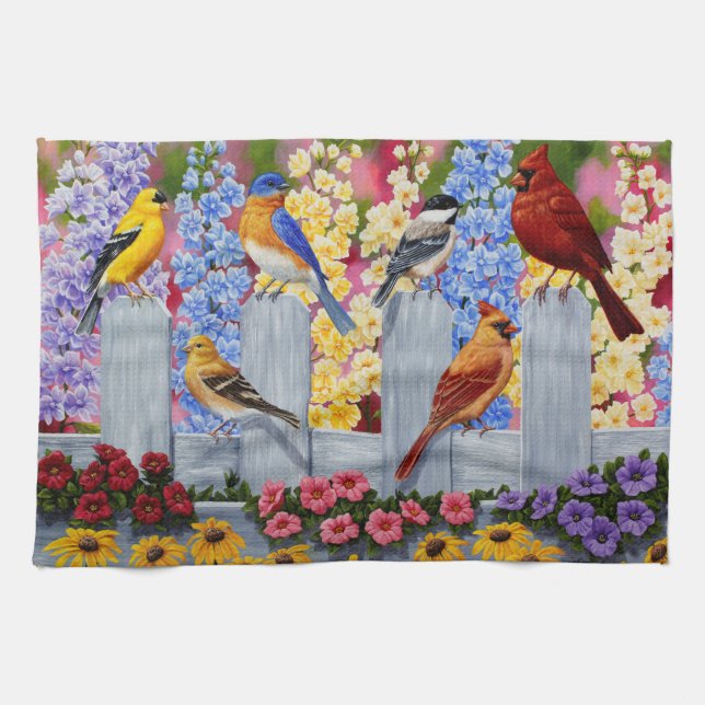 Colourful Spring Birds Garden Party Tea Towel (Horizontal)