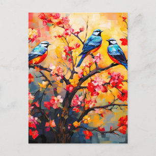 Colourful Spring Birds in Bloom Announcement Postcard