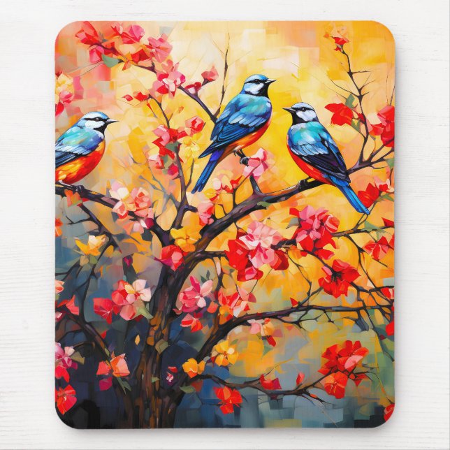 Colourful Spring Birds in Bloom Mouse Pad (Front)