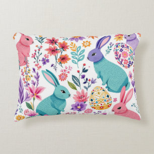Colourful Spring Bunnies Floral Pattern Easter Decorative Cushion