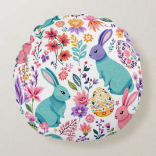 Colourful Spring Bunnies Floral Pattern Easter Round Cushion