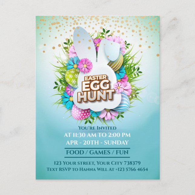 Colourful Spring Bunny Easter Egg Hunt Event Announcement Postcard (Front)