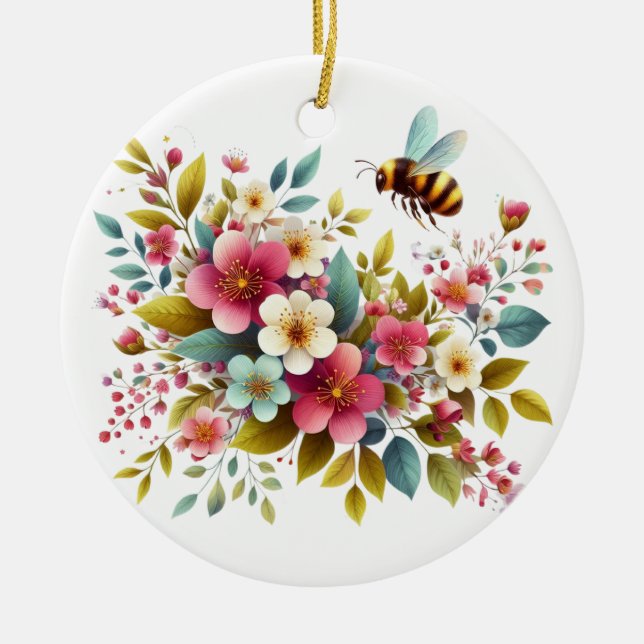 Colourful, Spring/Floral bee Ceramic Ornament (Front)