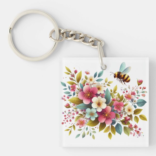 Colourful, Spring/Floral bee Key Ring (Front)