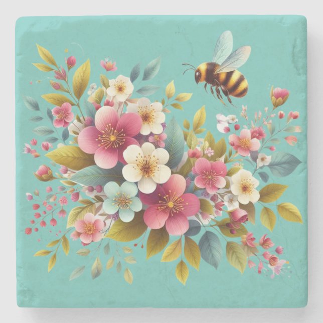 Colourful, Spring/Floral bee Stone Coaster (Front)