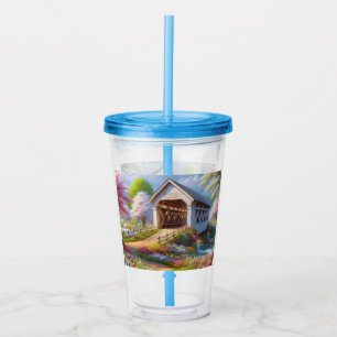 Colourful spring/floral covered bridge & river acrylic tumbler