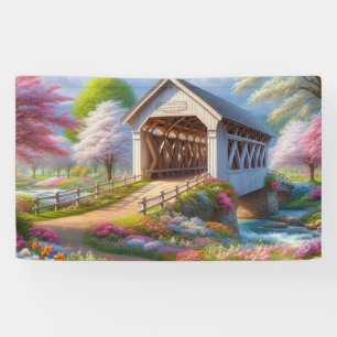 Colourful spring/floral covered bridge & river banner