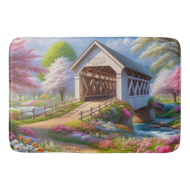 Colourful spring/floral covered bridge & river bath mat (Front)