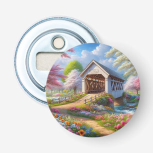 Colourful spring/floral covered bridge & river bottle opener