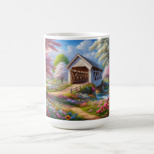 Colourful spring/floral covered bridge & river coffee mug