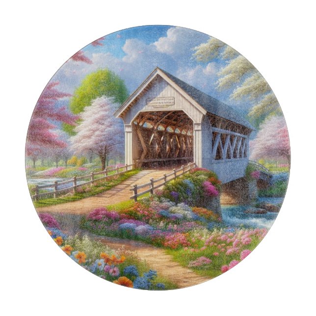 Colourful spring/floral covered bridge & river cutting board (Front)