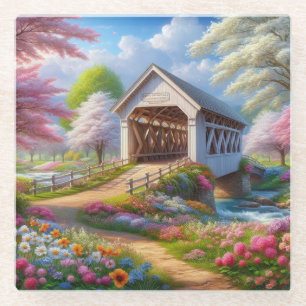 Colourful spring/floral covered bridge & river glass coaster