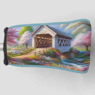Colourful spring/floral covered bridge & river golf head cover