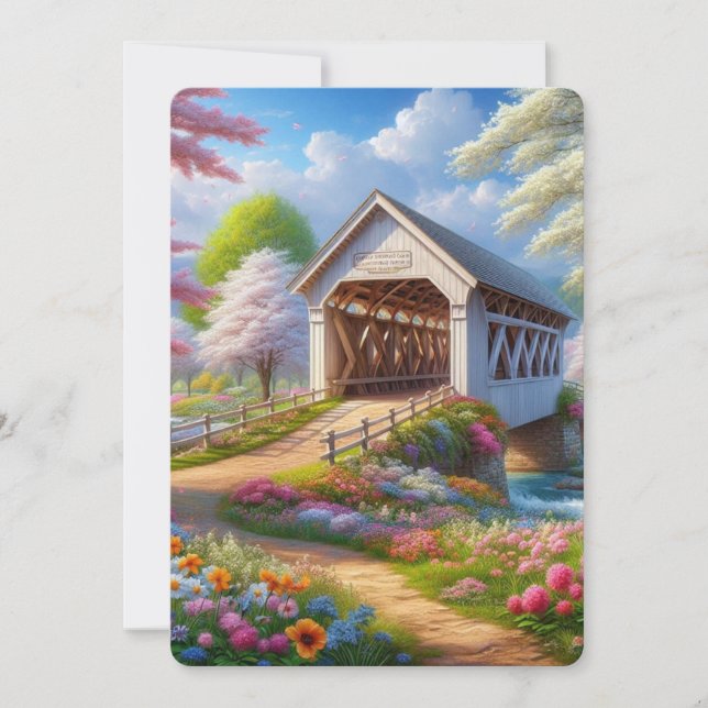 Colourful spring/floral covered bridge & river holiday card (Front)