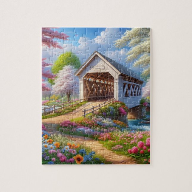 Colourful spring/floral covered bridge & river jigsaw puzzle (Vertical)
