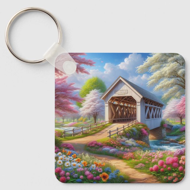 Colourful spring/floral covered bridge & river key ring (Front)
