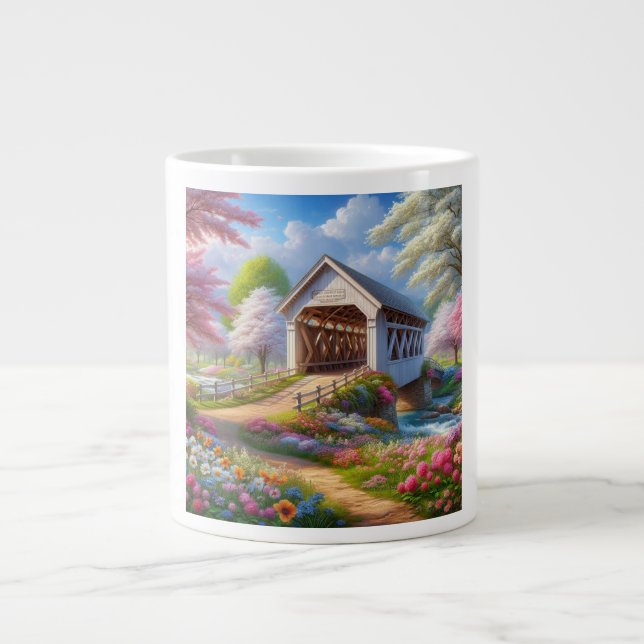 Colourful spring/floral covered bridge & river large coffee mug (Front)