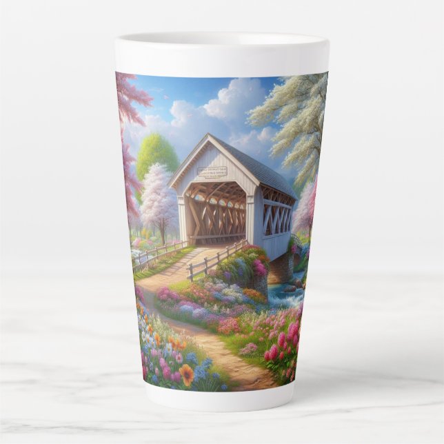 Colourful spring/floral covered bridge & river latte mug (Front)