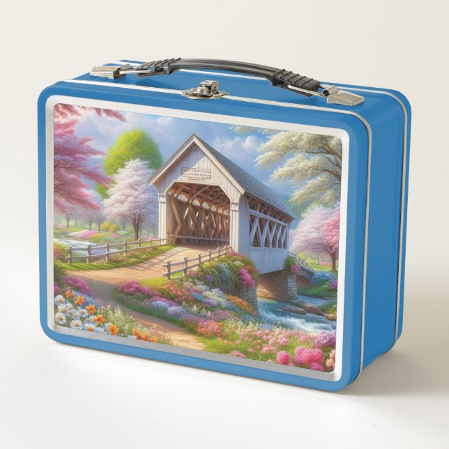 Colourful spring/floral covered bridge & river metal lunch box (Front)