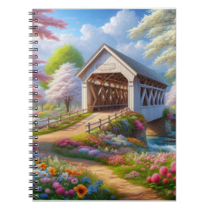 Colourful spring/floral covered bridge & river notebook