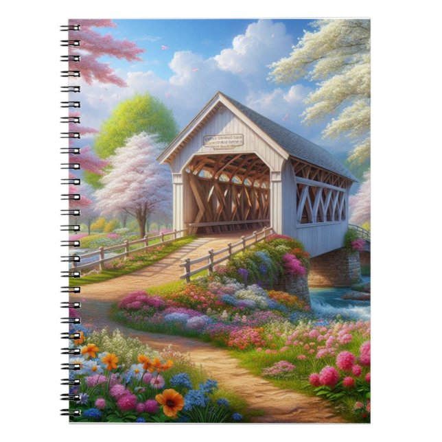 Colourful spring/floral covered bridge & river notebook (Front)