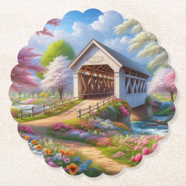 Colourful spring/floral covered bridge & river paper coaster (Front)