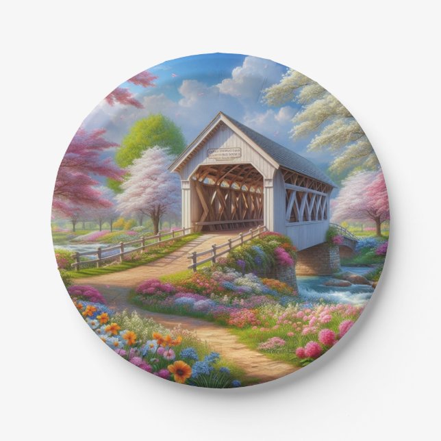 Colourful spring/floral covered bridge & river paper plate (Front)