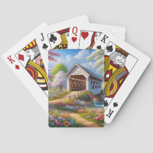 Colourful spring/floral covered bridge & river playing cards