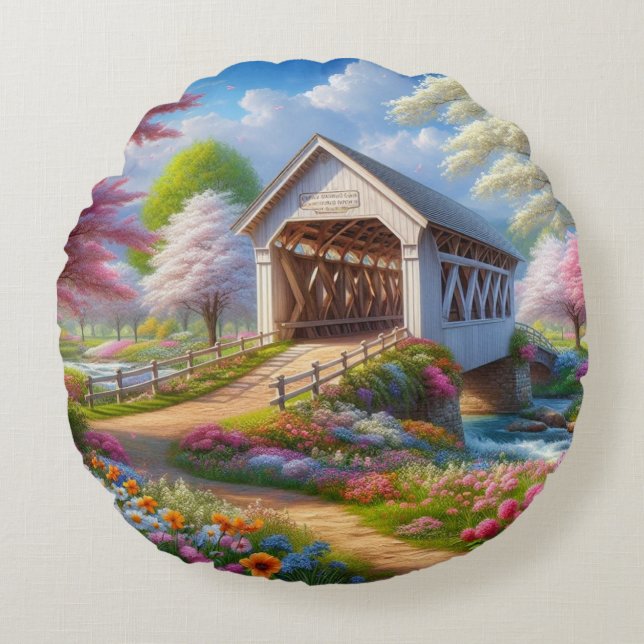 Colourful spring/floral covered bridge & river round cushion (Front)