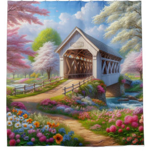 Colourful spring/floral covered bridge & river shower curtain