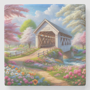 Colourful spring/floral covered bridge & river stone coaster