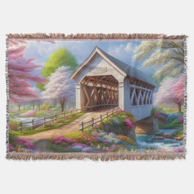 Colourful spring/floral covered bridge & river throw blanket (Front)